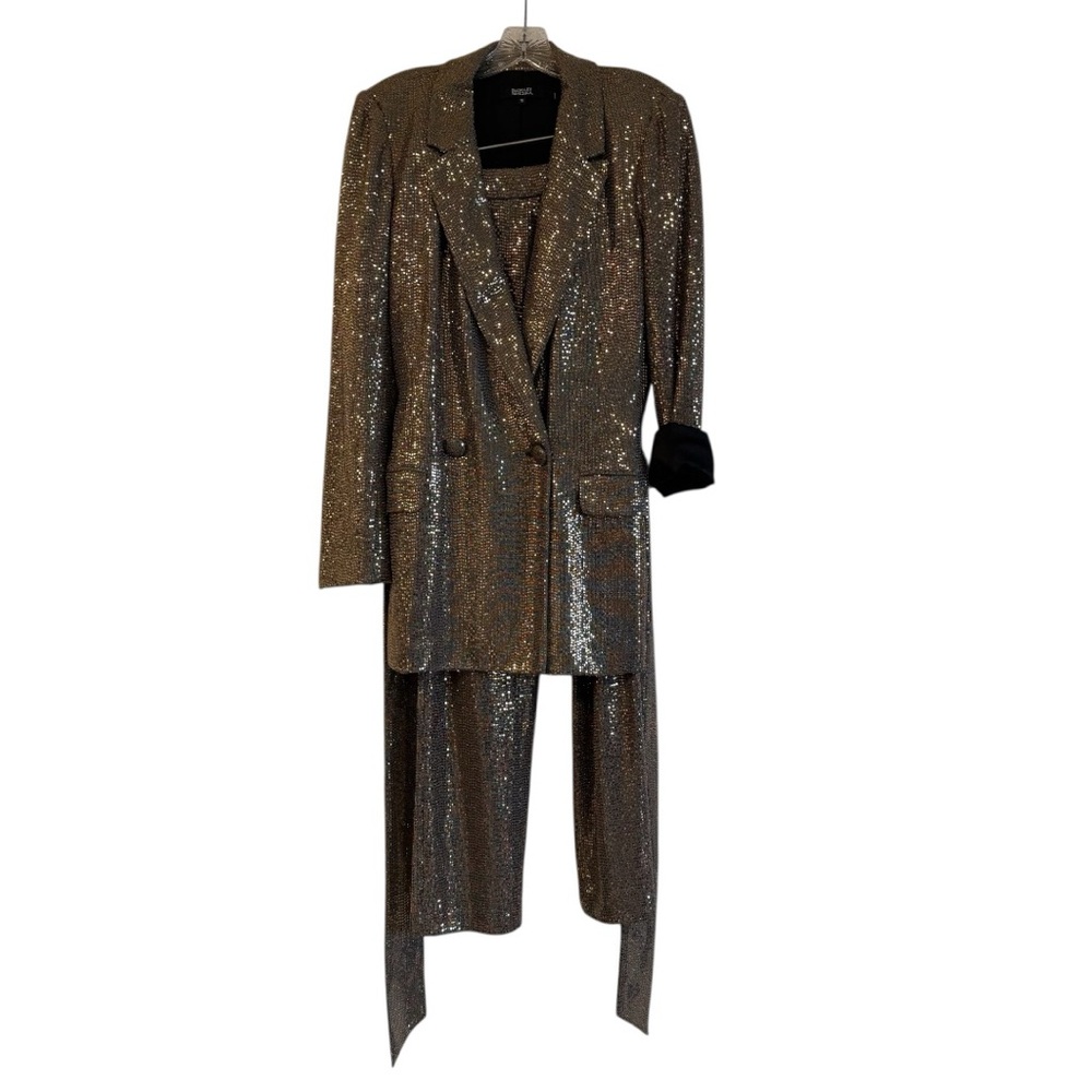Badgley Mischka‎ Gold Sequin Embellished Belted Blazer & Matching Trousers Set